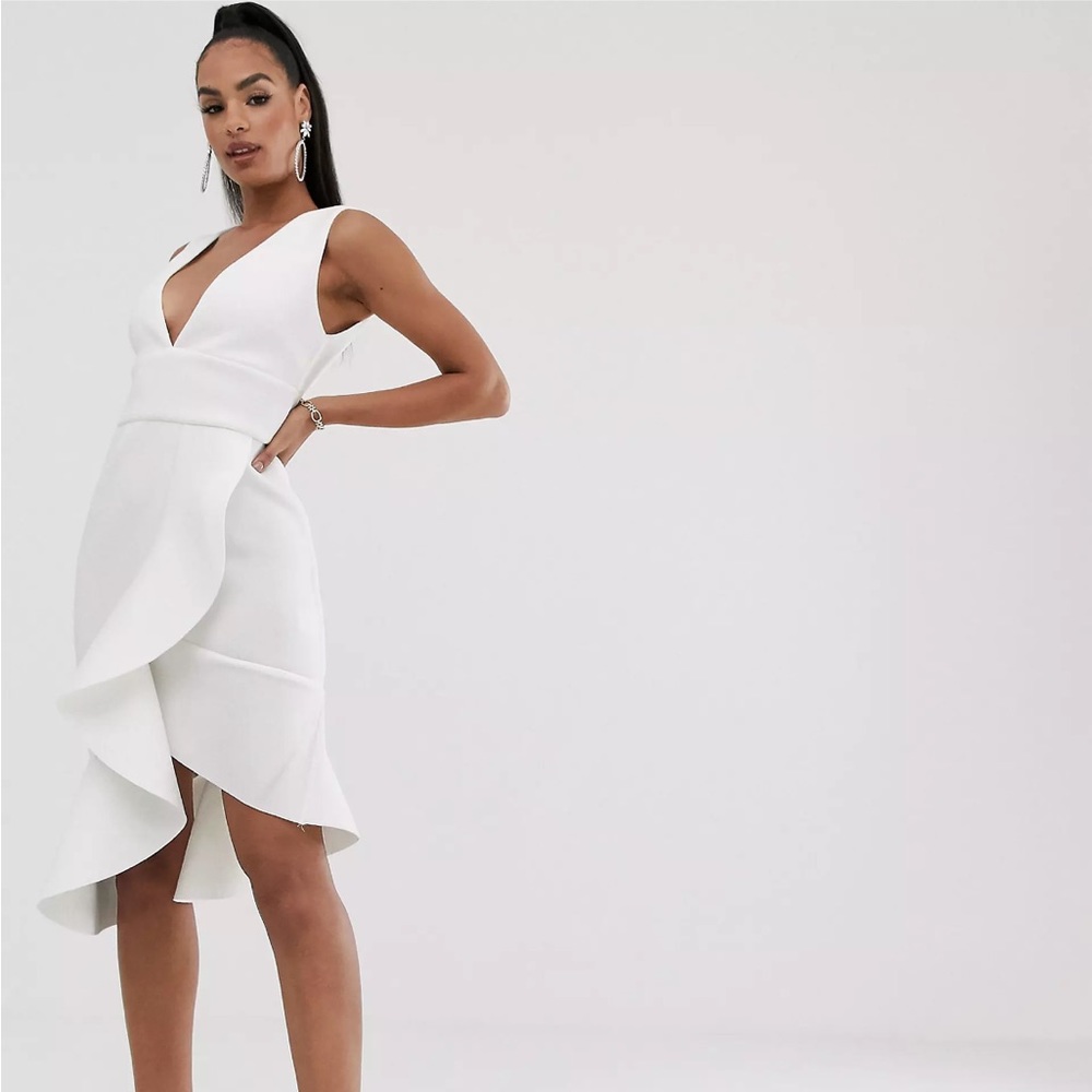 Lavish Alice v-neck ruffle wrap scuba dress in white